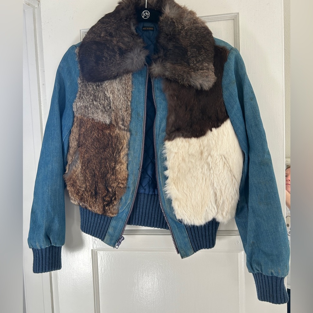Vintage 70's Denim & Fur Cropped Bomber Jacket